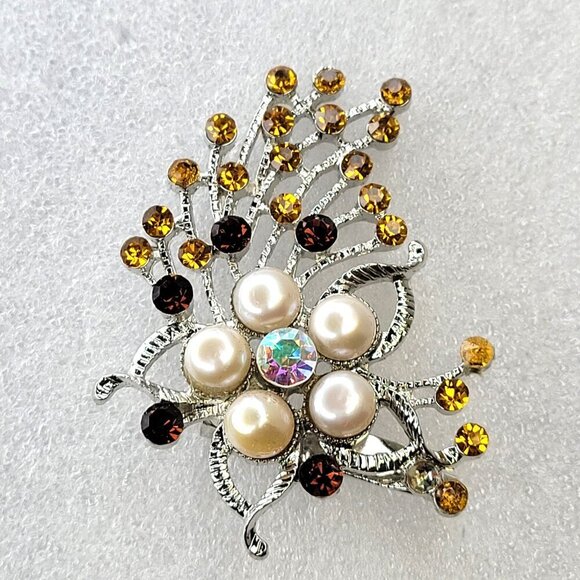 Citrine Rhinestones Flower Spray Brooch - Picture 1 of 12